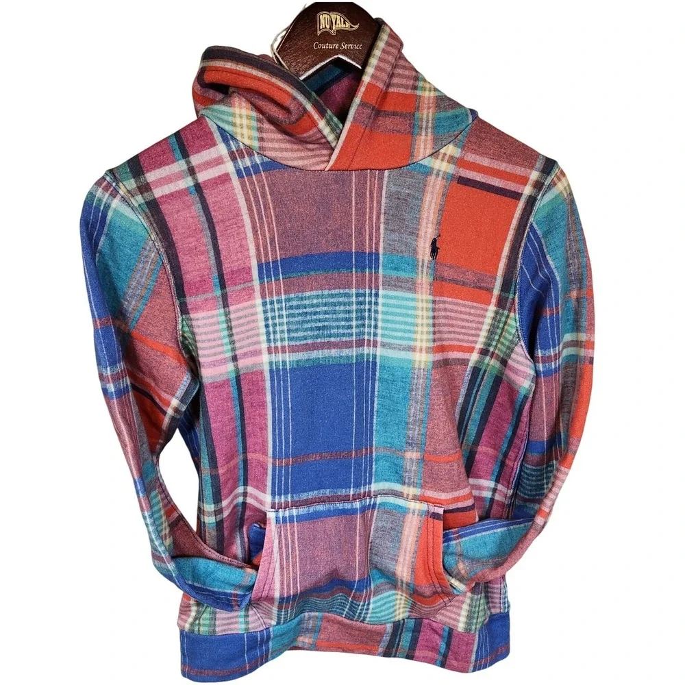Polo Ralph Lauren Multi-Plaid Pullover Hoodie Youth XL 16 Bright Colors Girl New